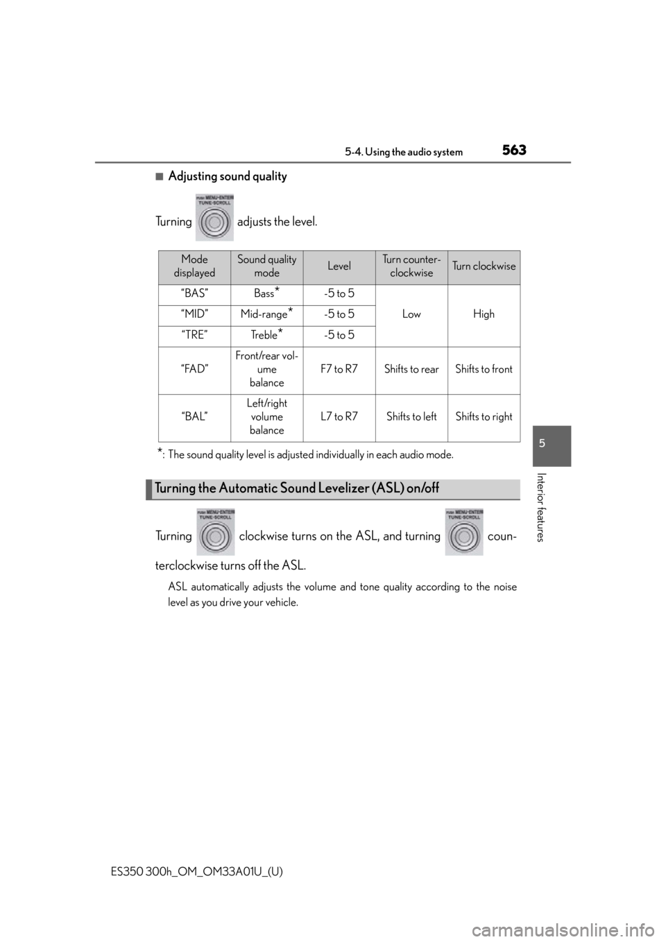 Lexus ES300h 2013 Maintenance and care / Owners Manual (OM33A01U) ES350 300h_OM_OM33A01U_(U)
5635-4. Using the audio system
5
Interior features
■Adjusting sound quality
Turning adjusts the level.
*: The sound quality level is adjusted individually in each audio Lexus ES300h 2013 Maintenance and care / Owners Manual (OM33A01U) ES350 300h_OM_OM33A01U_(U)
5635-4. Using the audio system
5
Interior features
■Adjusting sound quality
Turning adjusts the level.
*: The sound quality level is adjusted individually in each audio