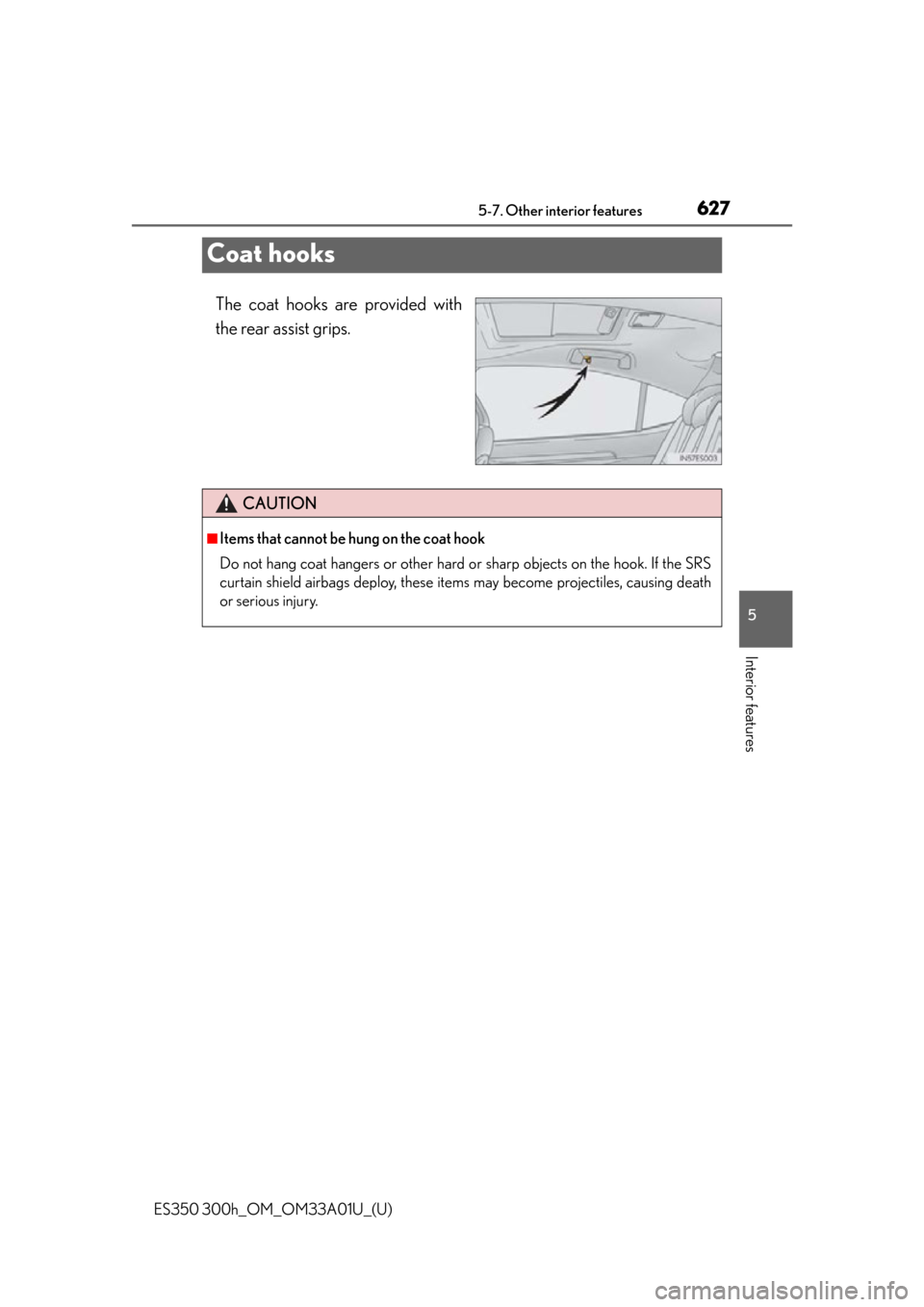 Lexus ES300h 2013  Maintenance and care / Owners Manual (OM33A01U) 627
ES350 300h_OM_OM33A01U_(U)
5-7. Other interior features
5
Interior features
Coat hooks
The coat hooks are provided with
the rear assist grips.
CAUTION
■Items that cannot be hung on the coat hook