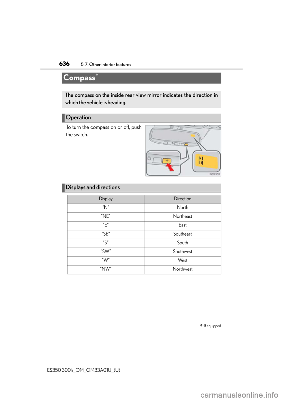 Lexus ES300h 2013  Maintenance and care / Owners Manual (OM33A01U) 636
ES350 300h_OM_OM33A01U_(U)
5-7. Other interior features
Compass
To turn the compass on or off, push
the switch.
: If equipped
The compass on the inside rear view mirror indicates the directi