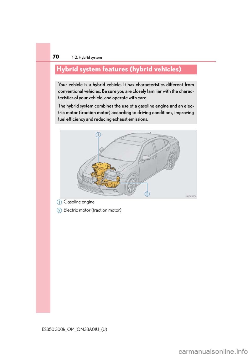 Lexus ES300h 2013 Maintenance and care / (OM33A01U) Repair Manual 701-2. Hybrid system
ES350 300h_OM_OM33A01U_(U)
Hybrid system features (hybrid vehicles)
Gasoline engine
Electric motor (traction motor)
Your vehicle is a hybrid vehicle. It has characteristics differ Lexus ES300h 2013 Maintenance and care / (OM33A01U) Repair Manual 701-2. Hybrid system
ES350 300h_OM_OM33A01U_(U)
Hybrid system features (hybrid vehicles)
Gasoline engine
Electric motor (traction motor)
Your vehicle is a hybrid vehicle. It has characteristics differ