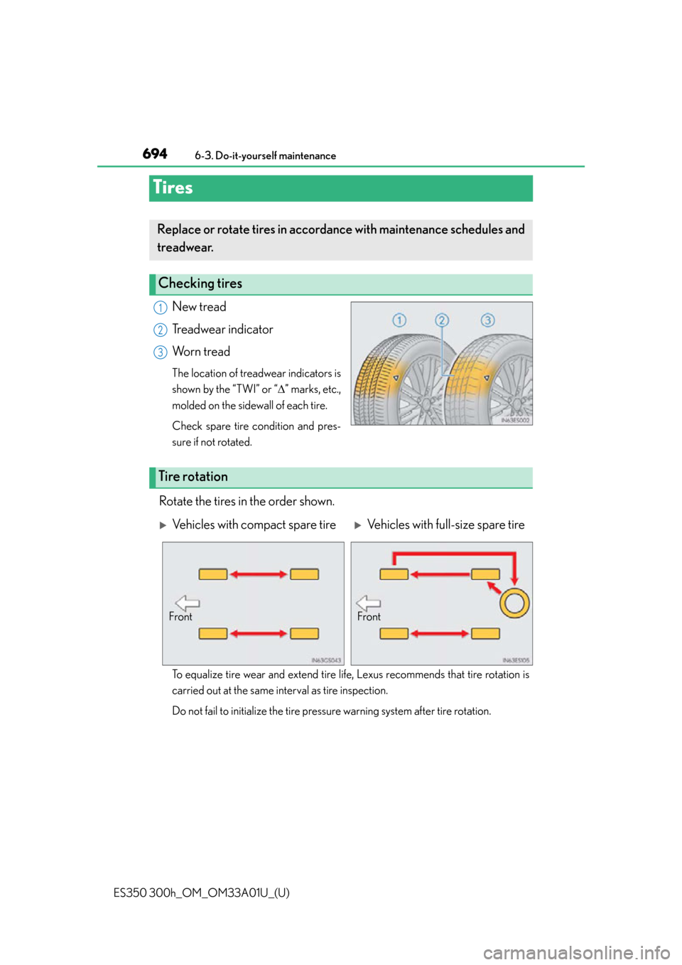 Lexus ES300h 2013 Maintenance and care / Owners Manual (OM33A01U) 694
ES350 300h_OM_OM33A01U_(U)
6-3. Do-it-yourself maintenance
Tires
New tread
Treadwear indicator
Worn tread
The location of treadwear indicators is
shown by the “TWI” or “” marks, etc.,
m Lexus ES300h 2013 Maintenance and care / Owners Manual (OM33A01U) 694
ES350 300h_OM_OM33A01U_(U)
6-3. Do-it-yourself maintenance
Tires
New tread
Treadwear indicator
Worn tread
The location of treadwear indicators is
shown by the “TWI” or “” marks, etc.,
m