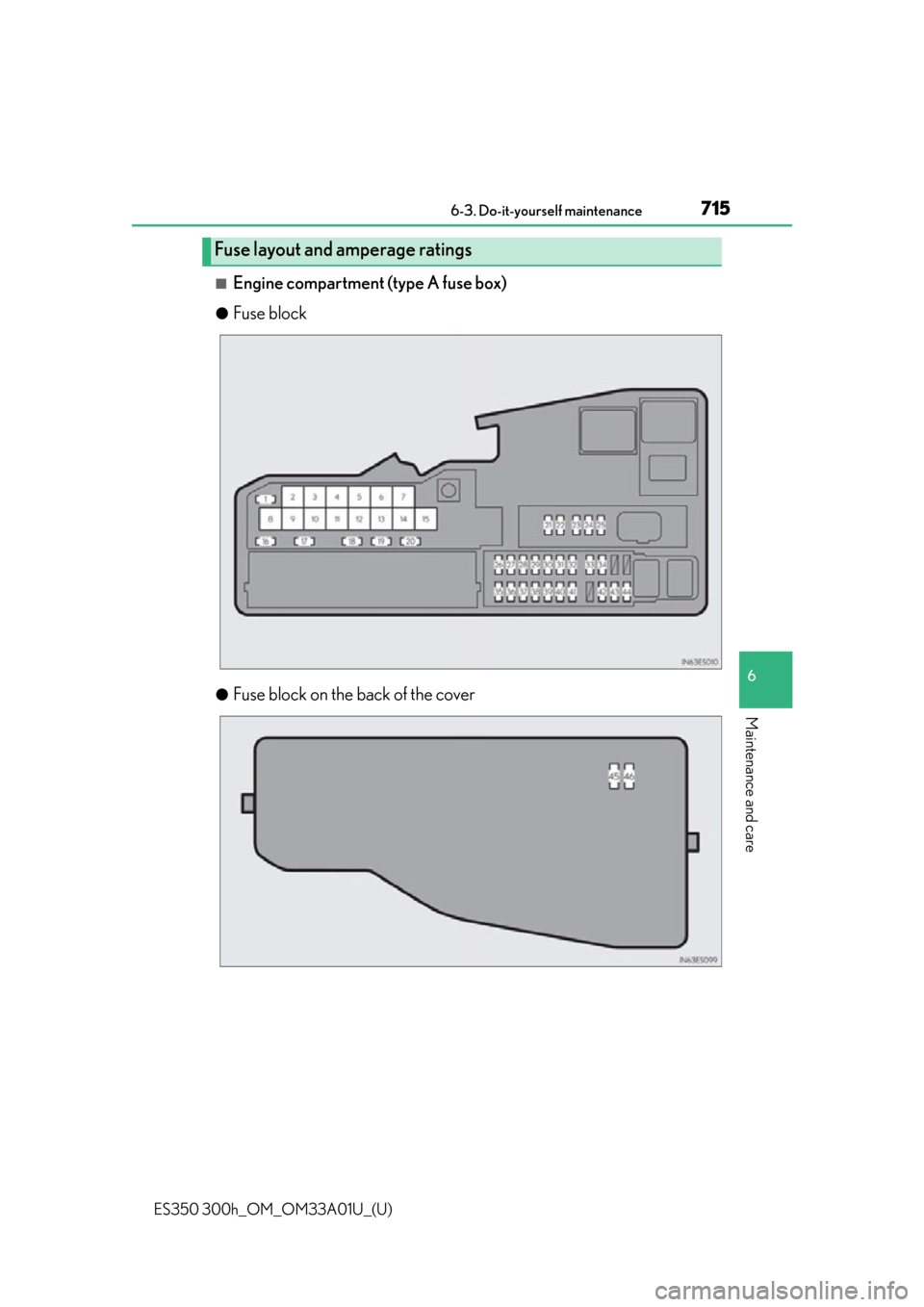 Lexus ES300h 2013  Maintenance and care / Owners Manual (OM33A01U) ES350 300h_OM_OM33A01U_(U)
7156-3. Do-it-yourself maintenance
6
Maintenance and care
■Engine compartment (type A fuse box)
●Fuse block
●Fuse block on the back of the cover
Fuse layout and ampera