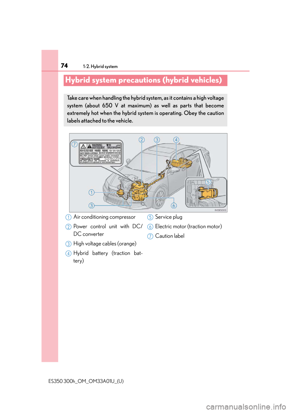 Lexus ES300h 2013  Maintenance and care / Owners Manual (OM33A01U) 741-2. Hybrid system
ES350 300h_OM_OM33A01U_(U)
Hybrid system precautions (hybrid vehicles)
Take care when handling the hybrid system, as it contains a high voltage
system (about 650 V at maximum)  as