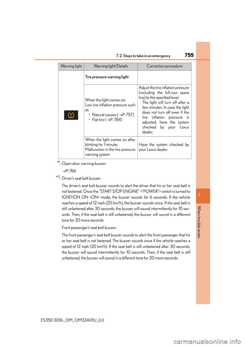 Lexus ES300h 2013 Maintenance and care / Owners Manual (OM33A01U) 7557-2. Steps to take in an emergency
ES350 300h_OM_OM33A01U_(U)
7
When trouble arises
*1: Open door warning buzzer: P. 76 6
*2: Driver’s seat belt buzzer:
The driver’s seat belt buzzer sounds Lexus ES300h 2013 Maintenance and care / Owners Manual (OM33A01U) 7557-2. Steps to take in an emergency
ES350 300h_OM_OM33A01U_(U)
7
When trouble arises
*1: Open door warning buzzer: P. 76 6
*2: Driver’s seat belt buzzer:
The driver’s seat belt buzzer sounds