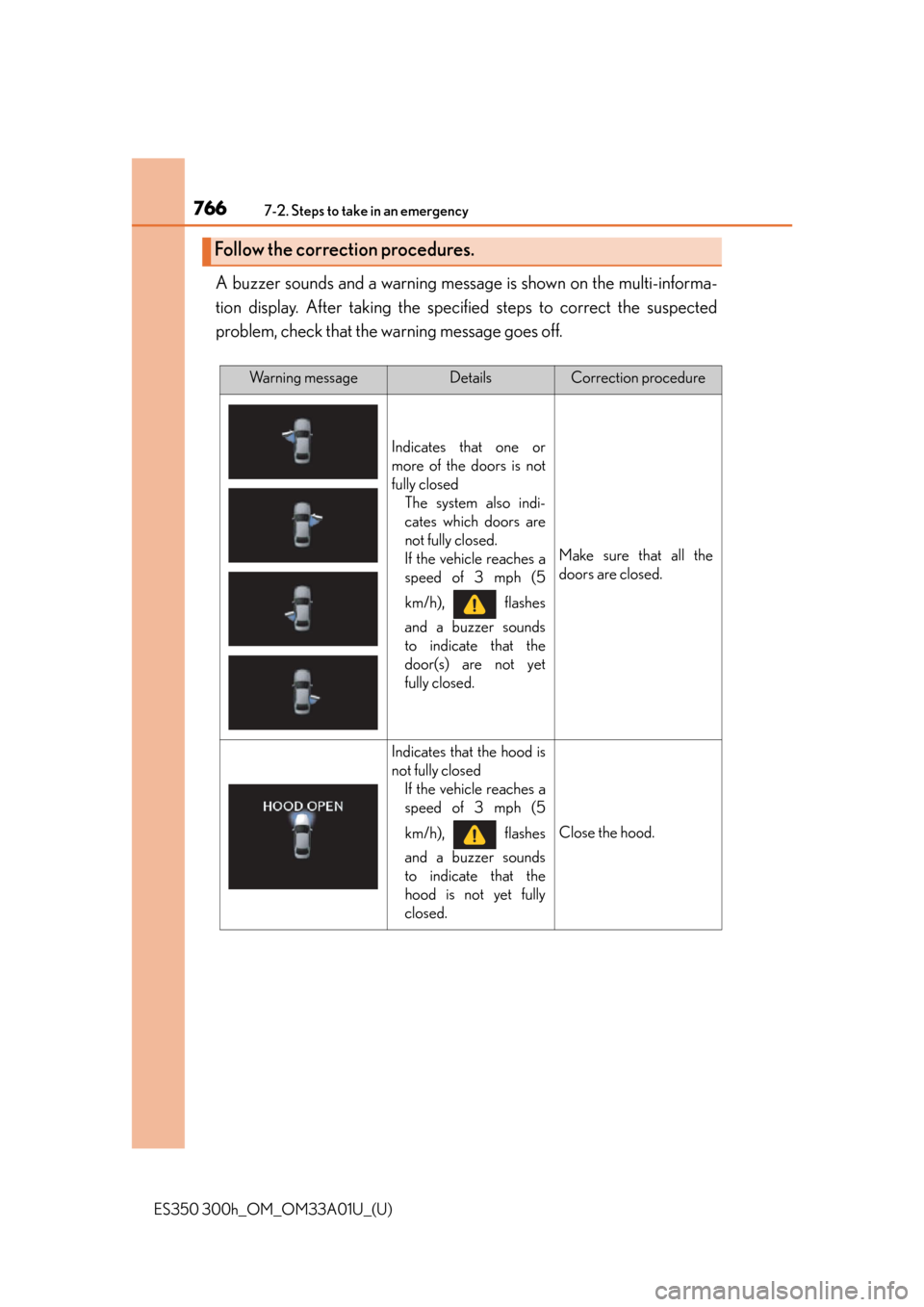 Lexus ES300h 2013  Maintenance and care / Owners Manual (OM33A01U) 7667-2. Steps to take in an emergency
ES350 300h_OM_OM33A01U_(U)
A buzzer sounds and a warning message is shown on the multi-informa-
tion display. After taking the spec ified steps to correct the sus