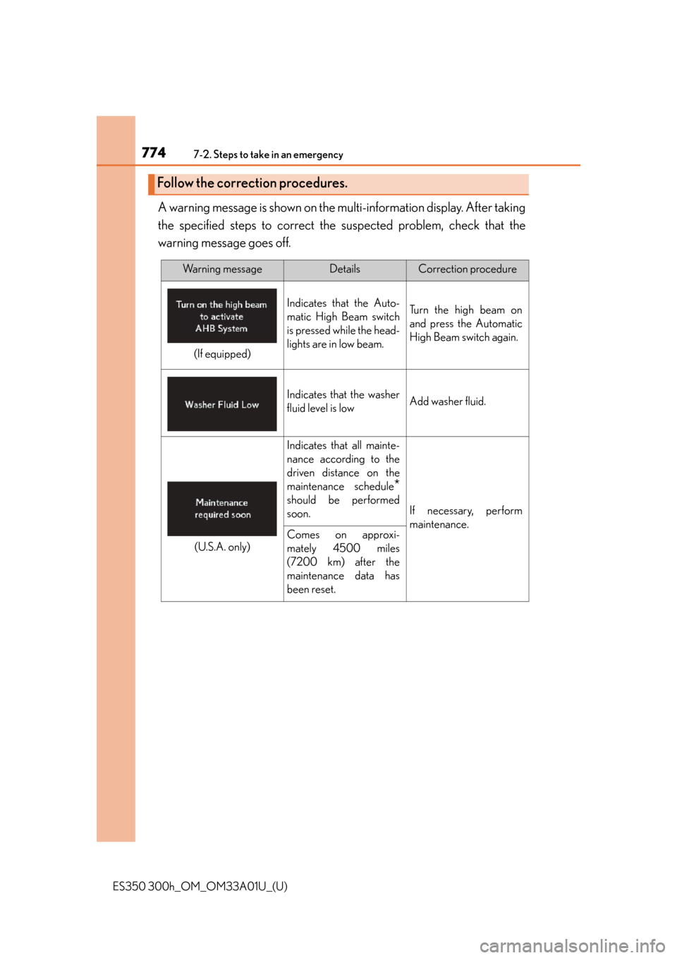 Lexus ES300h 2013 Maintenance and care / Owners Manual (OM33A01U) 7747-2. Steps to take in an emergency
ES350 300h_OM_OM33A01U_(U)
A warning message is shown on the multi-information display. After taking
the specified steps to correct the suspected problem, check Lexus ES300h 2013 Maintenance and care / Owners Manual (OM33A01U) 7747-2. Steps to take in an emergency
ES350 300h_OM_OM33A01U_(U)
A warning message is shown on the multi-information display. After taking
the specified steps to correct the suspected problem, check