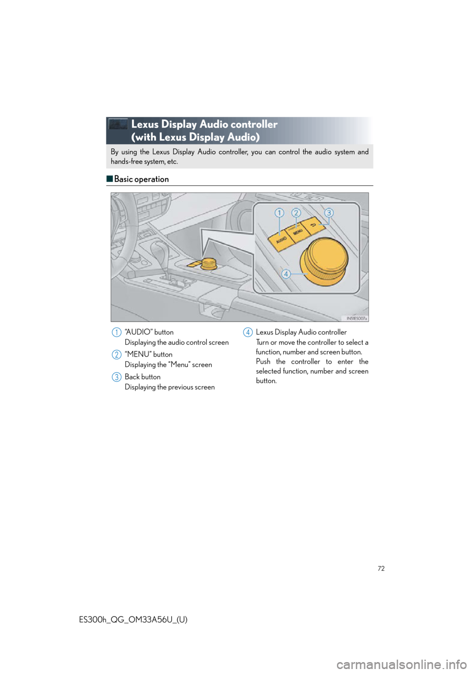 Lexus ES300h 2013  Maintenance and care /  Quick Guide (OM33A56U) Manual PDF 72
ES300h_QG_OM33A56U_(U)
Lexus Display Audio controller 
(with Lexus Display Audio)
■Basic operation
By using the Lexus Display Audio controlle r, you can control the audio system and
hands-free sy
