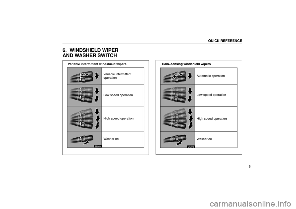 Lexus ES330 2006  Audio /  (OM33703U) User Guide Variable intermittent
operation
Washer on High speed operation Low speed operationAutomatic operation
Washer on High speed operation Low speed operation
Rain�sensing windshield wipers
QUICK REFERENCE
