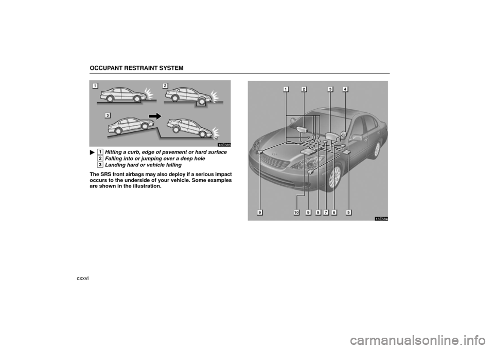 Lexus ES330 2006  Audio / OWNERS MANUAL (OM33703U) OCCUPANT RESTRAINT SYSTEM
cxxvi
1Hitting a curb, edge of pavement or hard surface
2Falling into or jumping over a deep hole
3Landing hard or vehicle falling
The SRS front airbags may also deploy if a