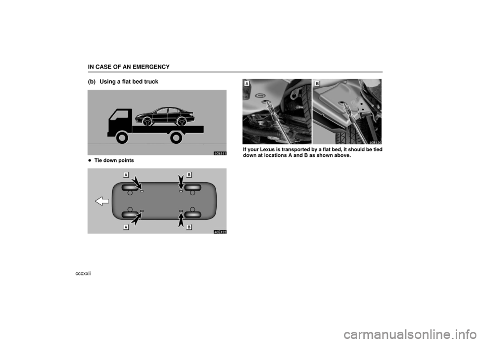 Lexus ES330 2006  Audio System / OWNERS MANUAL (OM33703U) IN CASE OF AN EMERGENCY
cccxxii
(b) Using a flat bed truck
Tie down points
If your Lexus is transported by a flat bed, it should be tied
down at locations A and B as shown above. 