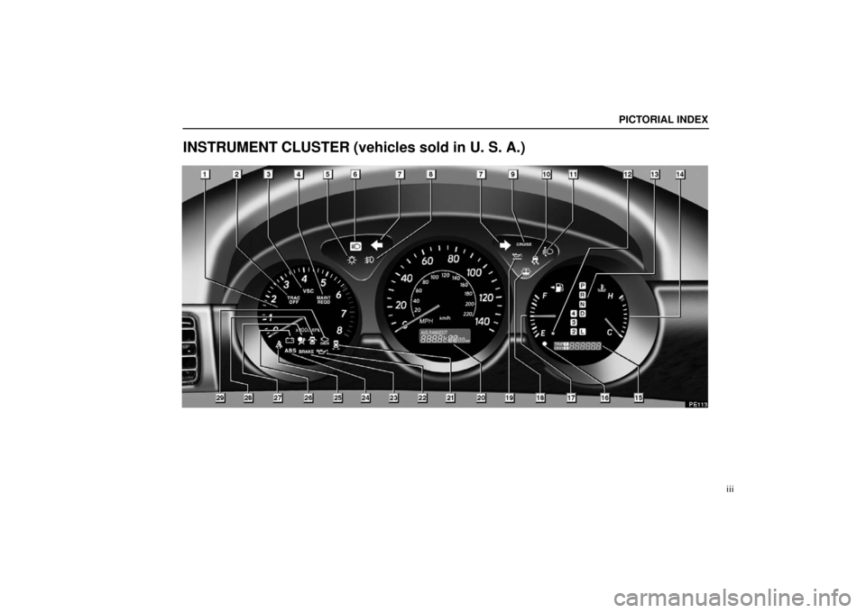 Lexus ES330 2006   Information / OWNERS MANUAL (OM33703U) User Guide PICTORIAL INDEX
iii
INSTRUMENT CLUSTER (vehicles sold in U. S. A.) 