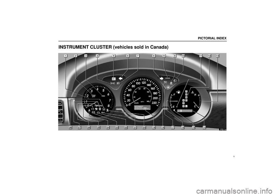 Lexus ES330 2006   Information / OWNERS MANUAL (OM33703U) User Guide PICTORIAL INDEX
v
INSTRUMENT CLUSTER (vehicles sold in Canada) 