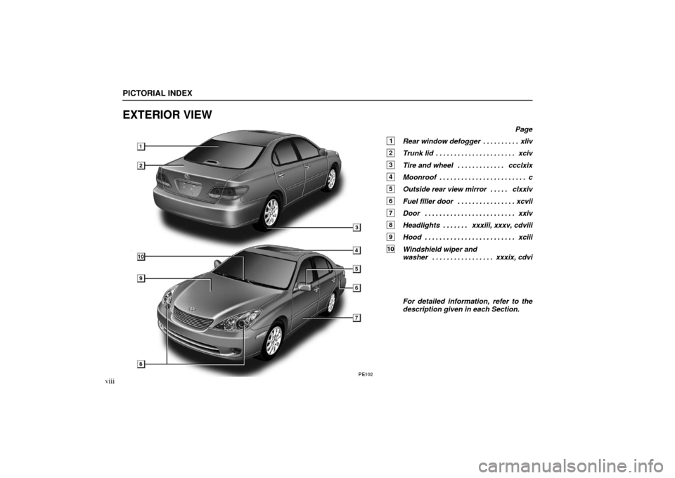 Lexus ES330 2006  Repair Manual Information / OWNERS MANUAL (OM33703U) PICTORIAL INDEX
viii
EXTERIOR VIEW
Page
1Rear window defoggerxliv
. . . . . . . . . . 
2Trunk lid xciv
. . . . . . . . . . . . . . . . . . . . . . 
3Tire and wheel ccclxix
. . . . . . . . . . . . . 
4