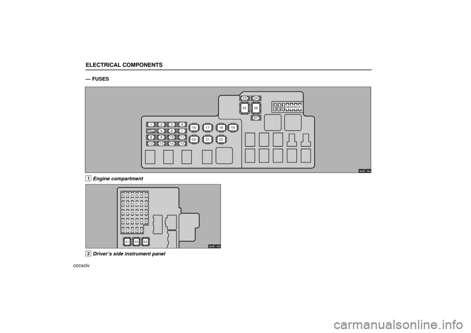 Lexus ES330 2006  Repair Manual Information / OWNERS MANUAL (OM33703U) ELECTRICAL COMPONENTS
cccxciv— FUSES
1Engine compartment
64E165
2Driver’s side instrument panel 