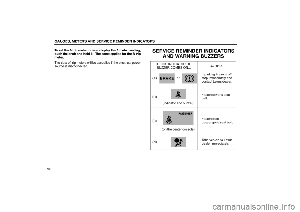 Lexus ES330 2006  Repair Manual Information / OWNERS MANUAL (OM33703U) GAUGES, METERS AND SERVICE REMINDER INDICATORS
lviiiTo set the A 
trip meter to zero, display the A meter reading,
push  the knob and hold it.  The same applies for the B trip
meter.
The data of trip 