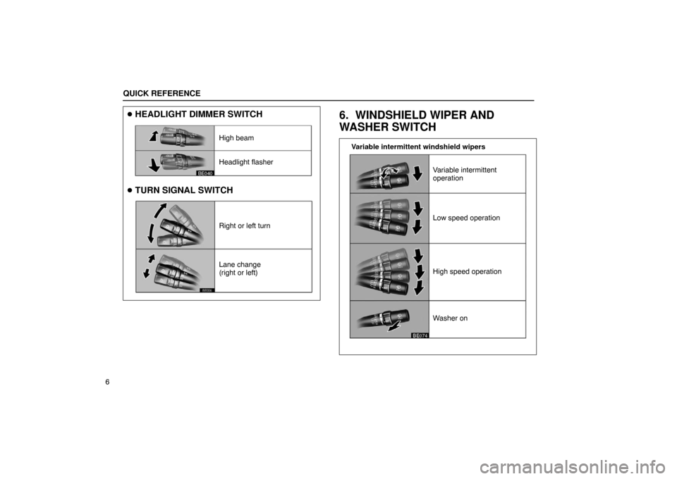 Lexus ES330 2005  Audio / LEXUS 2005 ES330 OWNERS MANUAL (OM33691U) High beam
Right or left turn
Lane change
(right or left) Headlight flasher
Variable intermittent
operation
Washer on High speed operation Low speed operation
QUICK REFERENCE
6
HEADLIGHT DIMMER SWITCH