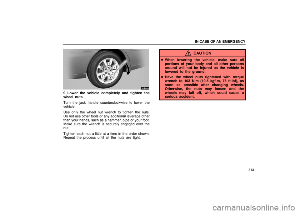 Lexus ES330 2005  Audio / LEXUS 2005 ES330 OWNERS MANUAL (OM33691U) IN CASE OF AN EMERGENCY
313
9. Lower the vehicle completely and tighten the
wheel nuts.
Turn the jack handle counterclockwise to lower the
vehicle.
Use only the wheel nut wrench to tighten the nuts.
D