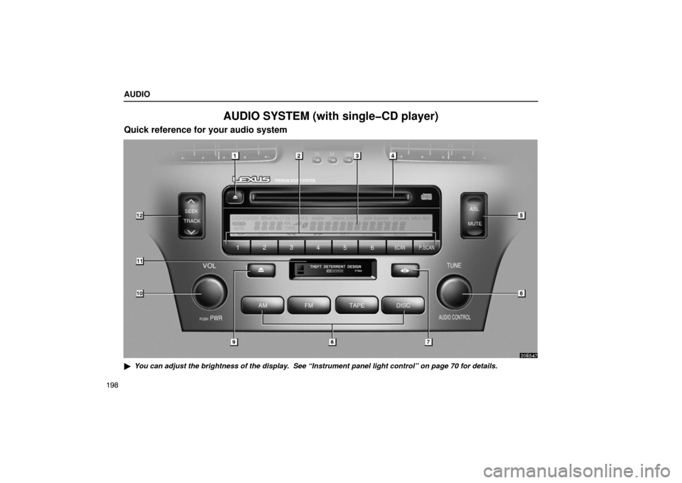 Lexus ES330 2005  Chassis / LEXUS 2005 ES330 OWNERS MANUAL (OM33691U) AUDIO
198
AUDIO SYSTEM (with single�CD player)
Quick reference for your audio system
You can adjust the brightness of the display.  See “Instrument panel light control” on page 70 for details. 