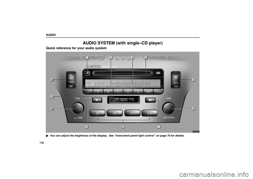 Lexus ES330 2005  Audio System / LEXUS 2005 ES330  (OM33691U) User Guide AUDIO
198
AUDIO SYSTEM (with single�CD player)
Quick reference for your audio system
You can adjust the brightness of the display.  See “Instrument panel light control” on page 70 for details. 