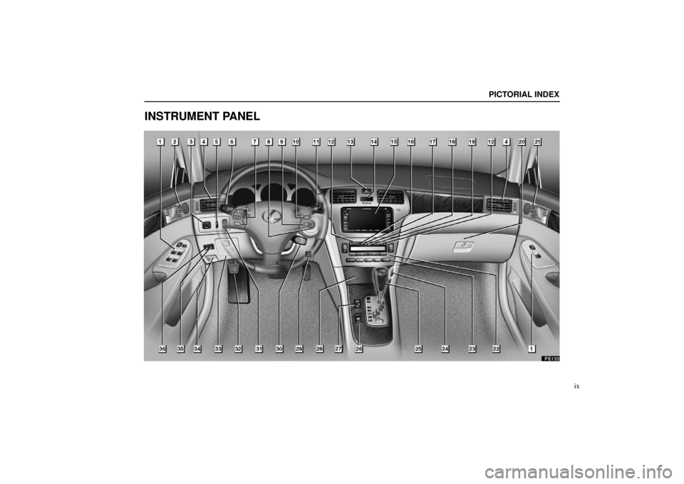 Lexus ES330 2005  Switches / LEXUS 2005 ES330 OWNERS MANUAL (OM33691U) PICTORIAL INDEX
ix
INSTRUMENT PANEL 