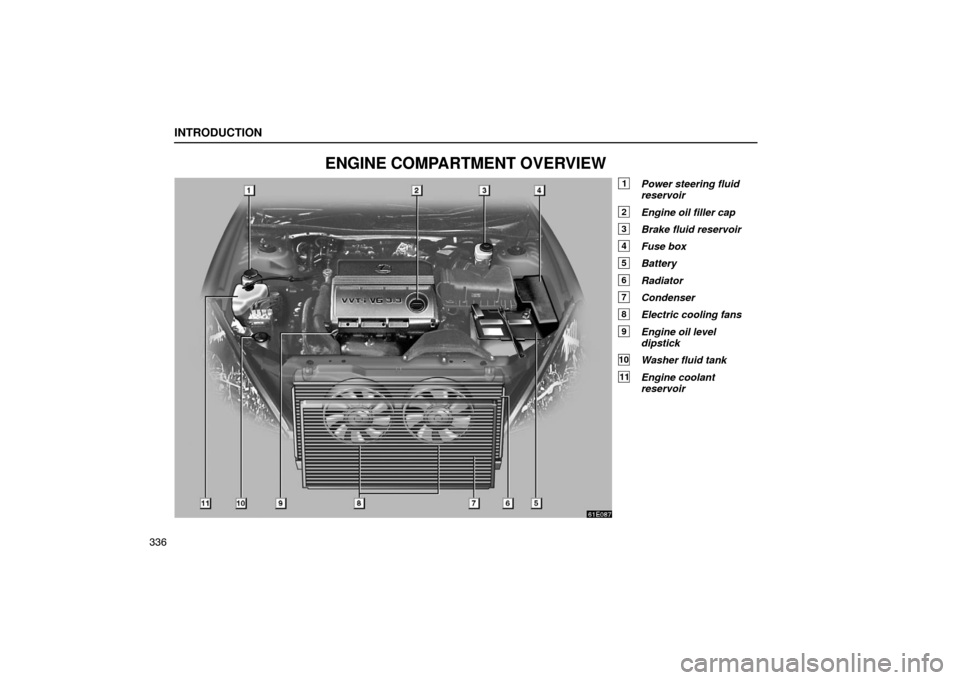 Lexus ES330 2005  Engine / LEXUS 2005 ES330  (OM33691U) User Guide INTRODUCTION
336
ENGINE COMPARTMENT OVERVIEW
1Power steering fluid
reservoir
2Engine oil filler cap
3Brake fluid reservoir
4Fuse box
5Battery
6Radiator
7Condenser
8Electric cooling fans
9Engine oil le