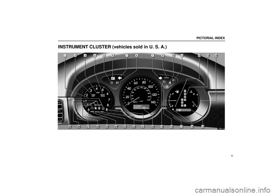 Lexus ES330 2005 Steering Wheel and Mirrors / LEXUS 2005 ES330 (OM33691U) User Guide PICTORIAL INDEX
xi
INSTRUMENT CLUSTER (vehicles sold in U. S. A.) Lexus ES330 2005 Steering Wheel and Mirrors / LEXUS 2005 ES330 (OM33691U) User Guide PICTORIAL INDEX
xi
INSTRUMENT CLUSTER (vehicles sold in U. S. A.)