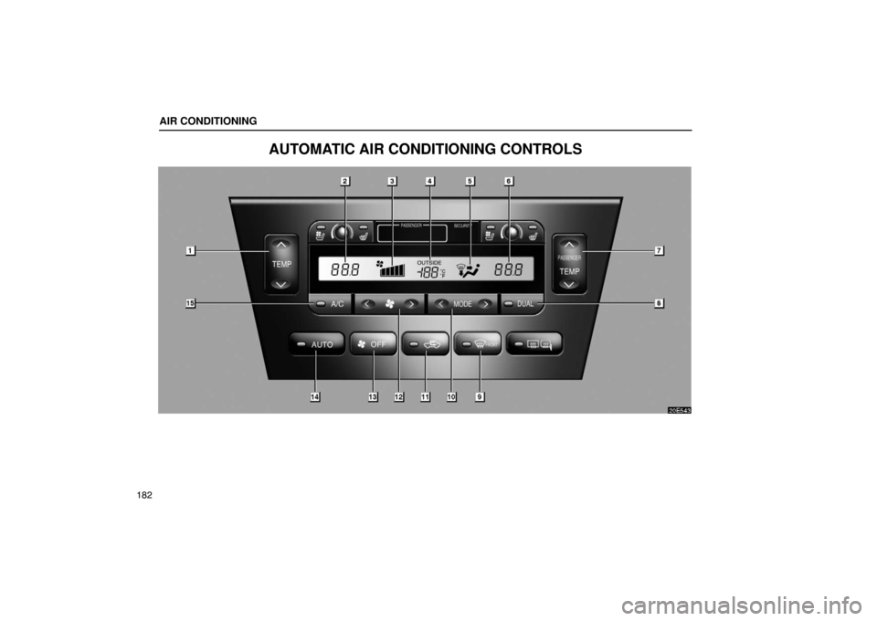 Lexus ES330 2005  Steering Wheel and Mirrors / LEXUS 2005 ES330 OWNERS MANUAL (OM33691U) AIR CONDITIONING
182
AUTOMATIC AIR CONDITIONING CONTROLS 