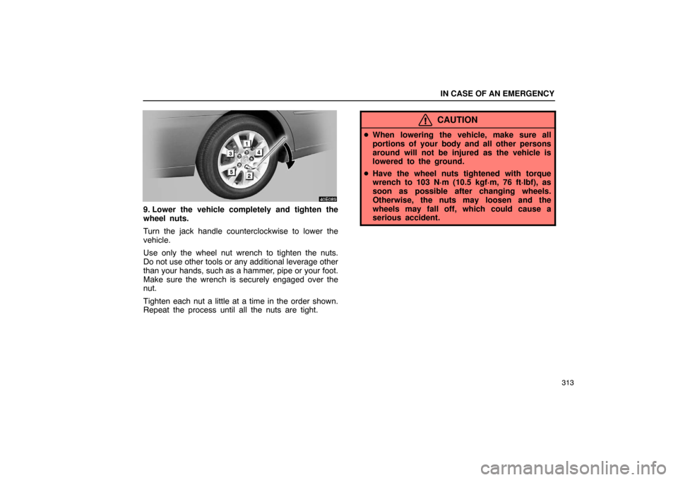 Lexus ES330 2005  Steering Wheel and Mirrors / LEXUS 2005 ES330 OWNERS MANUAL (OM33691U) IN CASE OF AN EMERGENCY
313
9. Lower the vehicle completely and tighten the
wheel nuts.
Turn the jack handle counterclockwise to lower the
vehicle.
Use only the wheel nut wrench to tighten the nuts.
D