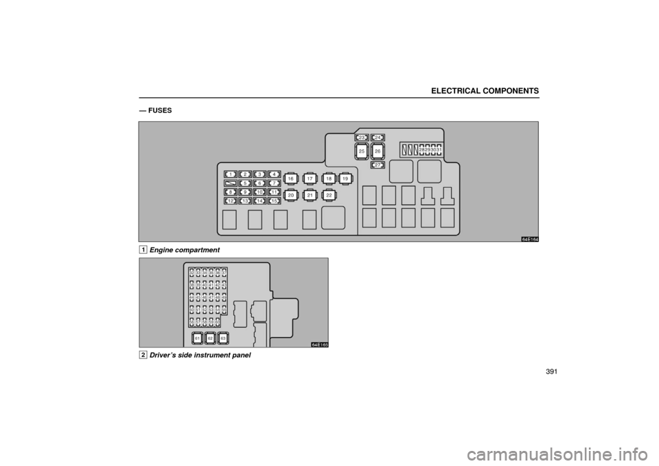 Lexus ES330 2005  Steering Wheel and Mirrors / LEXUS 2005 ES330 OWNERS MANUAL (OM33691U) ELECTRICAL COMPONENTS
391
— FUSES
1Engine compartment
64E165
2Driver’s side instrument panel 