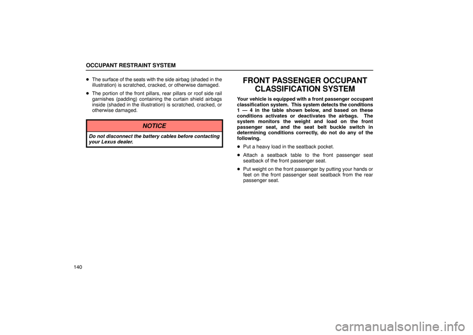 Lexus ES330 2005  Body / LEXUS 2005 ES330 OWNERS MANUAL (OM33691U) OCCUPANT RESTRAINT SYSTEM
140
The surface of the seats with the side airbag (shaded in the
illustration) is scratched, cracked, or otherwise damaged.
 The portion of the front pillars, rear pillars 