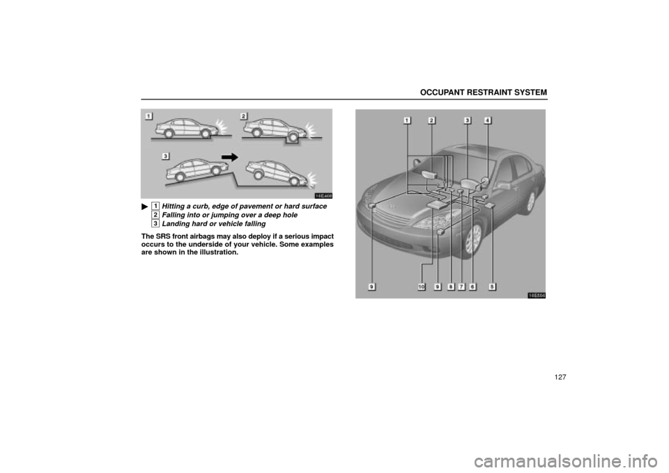 Lexus ES330 2004  Keys and Doors / LEXUS 2004 ES330 OWNERS MANUAL (OM33633U) OCCUPANT RESTRAINT SYSTEM
127
1Hitting a curb, edge of pavement or hard surface
2Falling into or jumping over a deep hole
3Landing hard or vehicle falling
The SRS front airbags may also deploy if a s