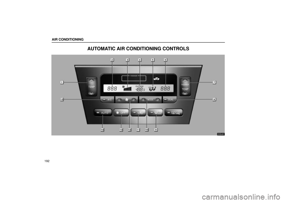 Lexus ES330 2004  Keys and Doors / LEXUS 2004 ES330 OWNERS MANUAL (OM33633U) AIR CONDITIONING
192
AUTOMATIC AIR CONDITIONING CONTROLS
20E491 