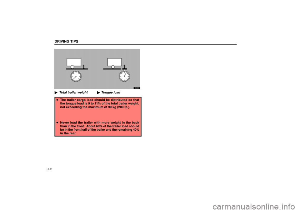 Lexus ES330 2004  Keys and Doors / LEXUS 2004 ES330 OWNERS MANUAL (OM33633U) Tongue load
Total trailer weightx 100 = 9 to 11%
DRIVING TIPS
302
32L002
Total trailer weightTongue load
The trailer cargo load should be distributed so that
the tongue load is 9 to 11% of the tota