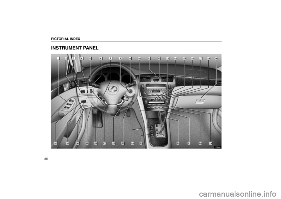 Lexus ES330 2004 Keys and Doors / LEXUS 2004 ES330 OWNERS MANUAL (OM33633U) PICTORIAL INDEX
viii
INSTRUMENT PANEL Lexus ES330 2004 Keys and Doors / LEXUS 2004 ES330 OWNERS MANUAL (OM33633U) PICTORIAL INDEX
viii
INSTRUMENT PANEL
