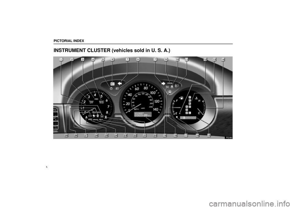 Lexus ES330 2004  Audio System / LEXUS 2004 ES330 OWNERS MANUAL (OM33633U) PICTORIAL INDEX
x
INSTRUMENT CLUSTER (vehicles sold in U. S. A.) 
