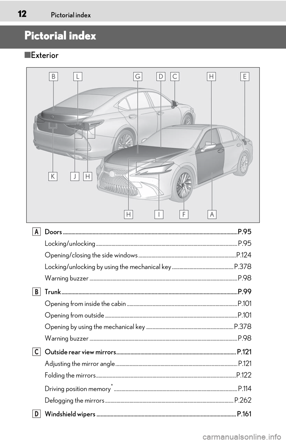 Lexus ES350 2020  Owners Manuals / LEXUS 2020 ES350 THROUGH SEPT. 2019 PROD. OWNERS MANUAL (OM06174U) 12Pictorial index
Pictorial index
■Exterior
Doors .......................................................................................................................... ..P.95
Locking/unlocking 