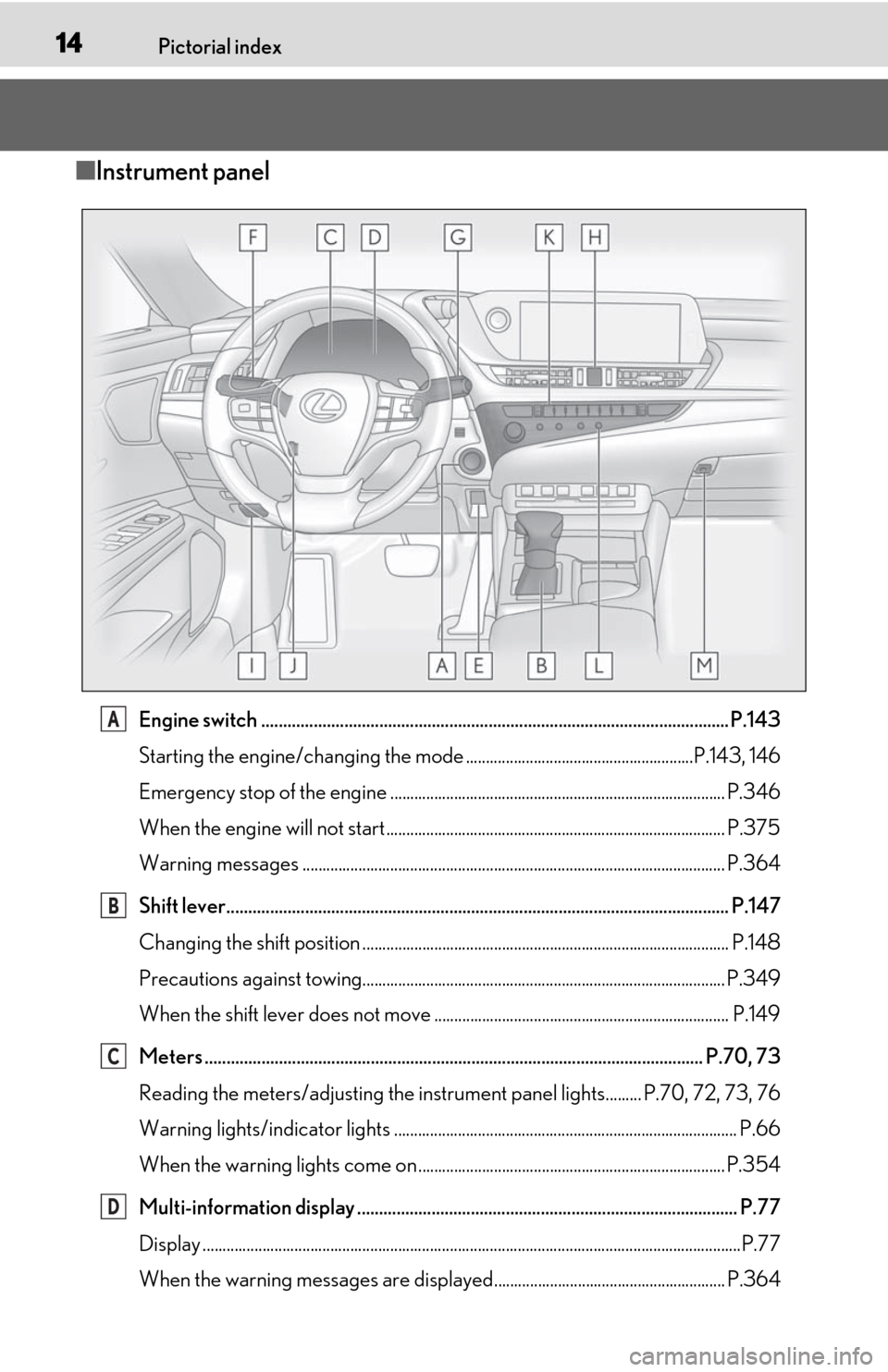 Lexus ES350 2020  Owners Manuals / LEXUS 2020 ES350 THROUGH SEPT. 2019 PROD. OWNERS MANUAL (OM06174U) 14Pictorial index
■Instrument panel
Engine switch ........................................................................................................... P.143
Starting the engine/changing the m