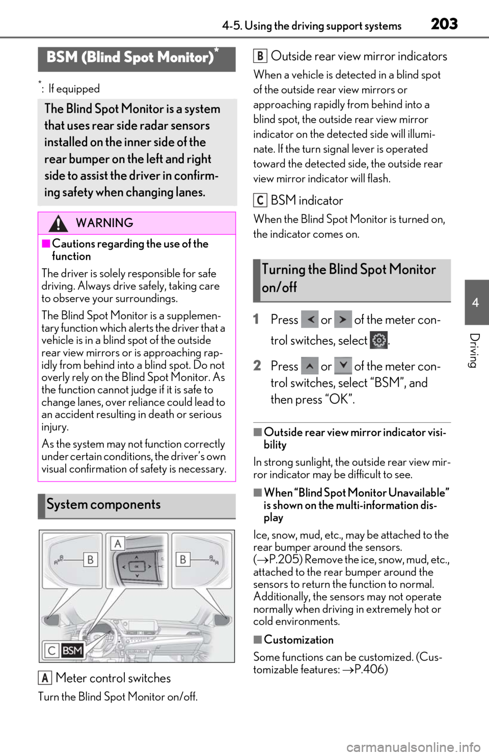 Lexus ES350 2020 Owners Manuals / LEXUS 2020 ES350 THROUGH SEPT. 2019 PROD. OWNERS MANUAL (OM06174U) 2034-5. Using the driving support systems
4
Driving
*: If equipped
Meter control switches
Turn the Blind Spot Monitor on/off.
Outside rear view mirror indicators
When a vehicle is detected in a blind Lexus ES350 2020 Owners Manuals / LEXUS 2020 ES350 THROUGH SEPT. 2019 PROD. OWNERS MANUAL (OM06174U) 2034-5. Using the driving support systems
4
Driving
*: If equipped
Meter control switches
Turn the Blind Spot Monitor on/off.
Outside rear view mirror indicators
When a vehicle is detected in a blind