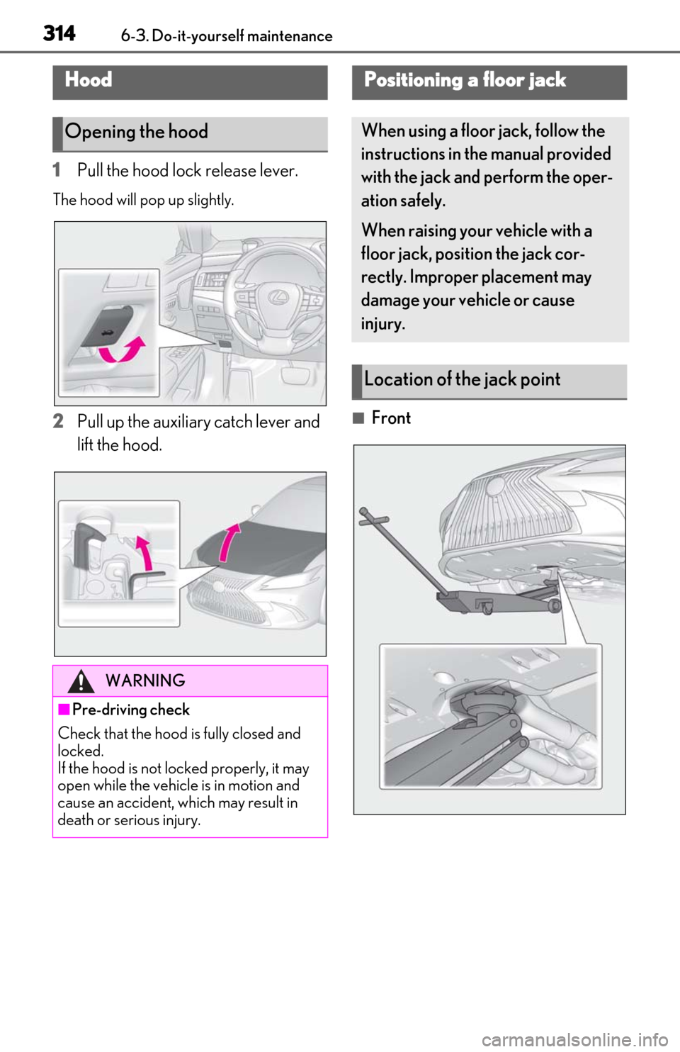 Lexus ES350 2020  Owners Manuals / LEXUS 2020 ES350 THROUGH SEPT. 2019 PROD. OWNERS MANUAL (OM06174U) 3146-3. Do-it-yourself maintenance
1Pull the hood lock release lever.
The hood will pop up slightly.
2Pull up the auxiliary catch lever and 
lift the hood.■Front
Hood
Opening the hood
WARNING
■Pre