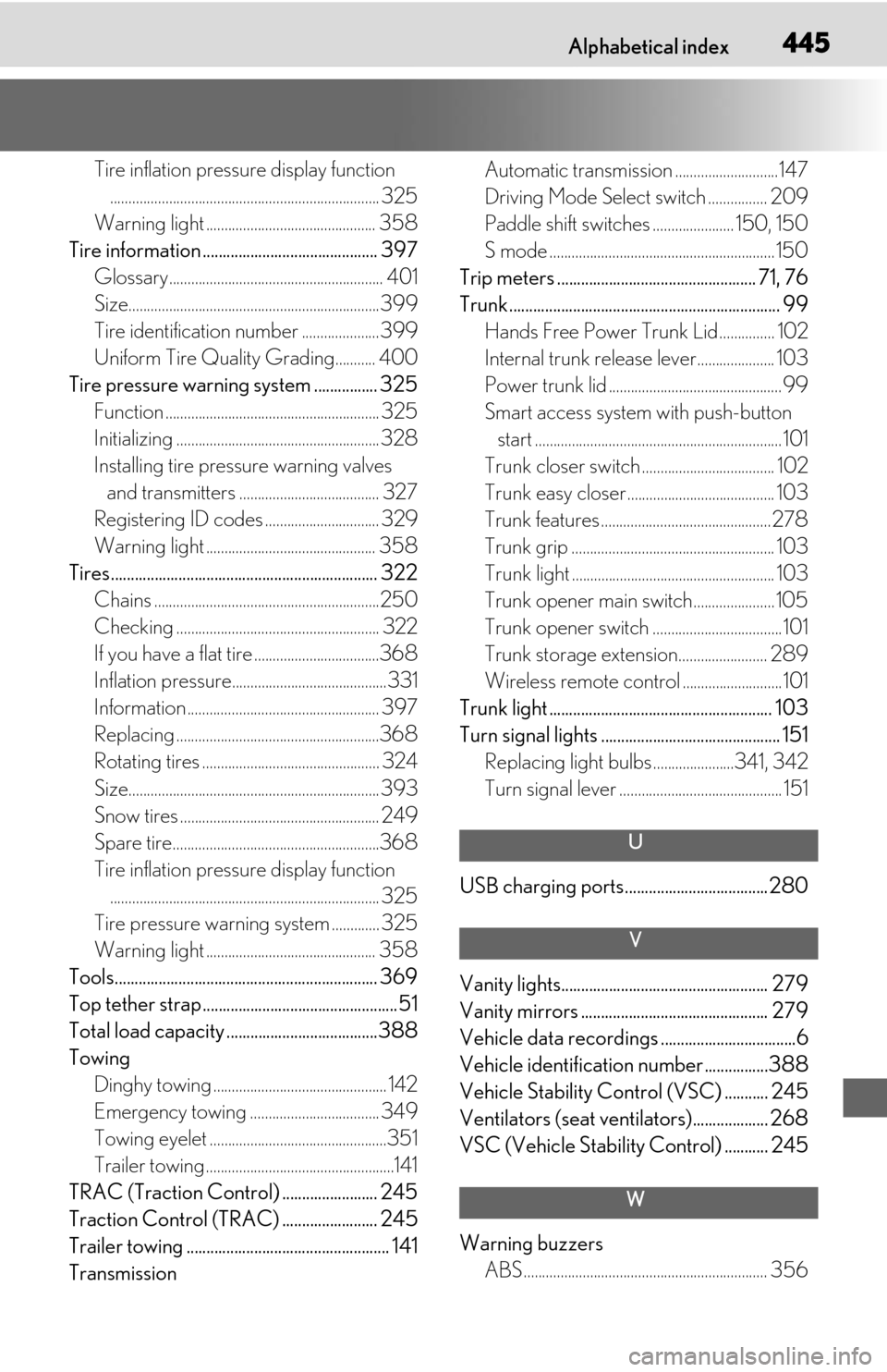 Lexus ES350 2020  Owners Manuals / LEXUS 2020 ES350 THROUGH SEPT. 2019 PROD. OWNERS MANUAL (OM06174U) Alphabetical index445
Tire inflation pressure display function
......................................................................... 325
Warning light .............................................
