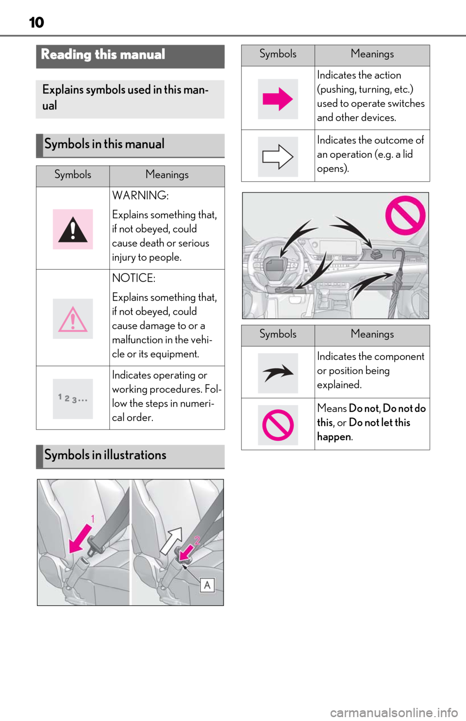 Lexus ES350 2020 Owners Manuals / LEXUS 2020 ES350 THROUGH SEPT. 2019 PROD. OWNERS MANUAL (OM06174U) 10
Reading this manual
Explains symbols used in this man-
ual
Symbols in this manual
SymbolsMeanings
WARNING:
Explains something that,
if not obeyed, could
cause death or serious
injury to people.
Lexus ES350 2020 Owners Manuals / LEXUS 2020 ES350 THROUGH SEPT. 2019 PROD. OWNERS MANUAL (OM06174U) 10
Reading this manual
Explains symbols used in this man-
ual
Symbols in this manual
SymbolsMeanings
WARNING:
Explains something that,
if not obeyed, could
cause death or serious
injury to people.
