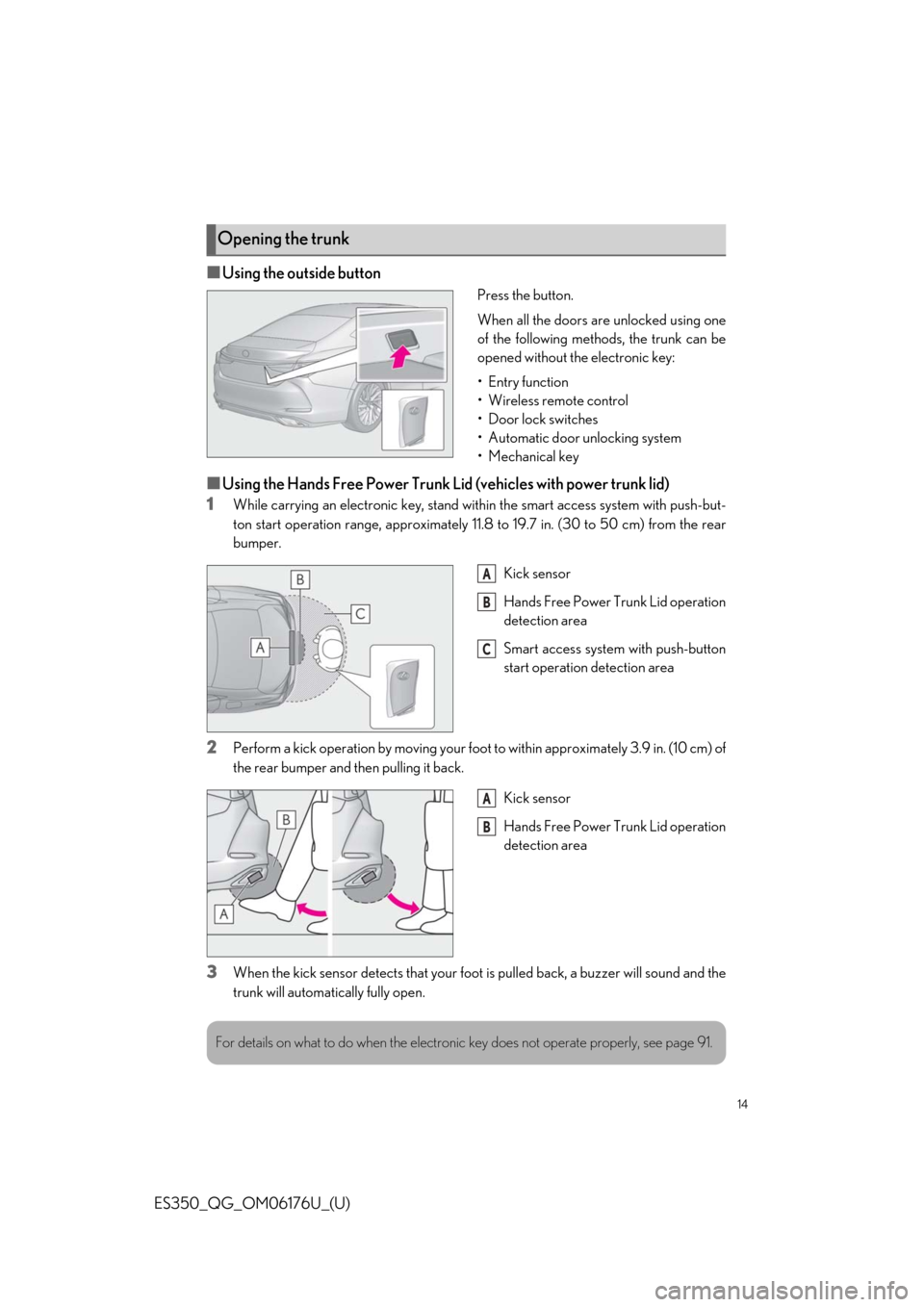 Lexus ES350 2020 Owners Manual / LEXUS 2020 ES350 THROUGH SEPT. 2019 PROD. OWNERS MANUAL QUICK GUIDE (OM06176U) 14
ES350_QG_OM06176U_(U)
■Using the outside button
Press the button.
When all the doors are unlocked using one
of the following methods, the trunk can be
opened without the electronic key:
•Entry Lexus ES350 2020 Owners Manual / LEXUS 2020 ES350 THROUGH SEPT. 2019 PROD. OWNERS MANUAL QUICK GUIDE (OM06176U) 14
ES350_QG_OM06176U_(U)
■Using the outside button
Press the button.
When all the doors are unlocked using one
of the following methods, the trunk can be
opened without the electronic key:
•Entry