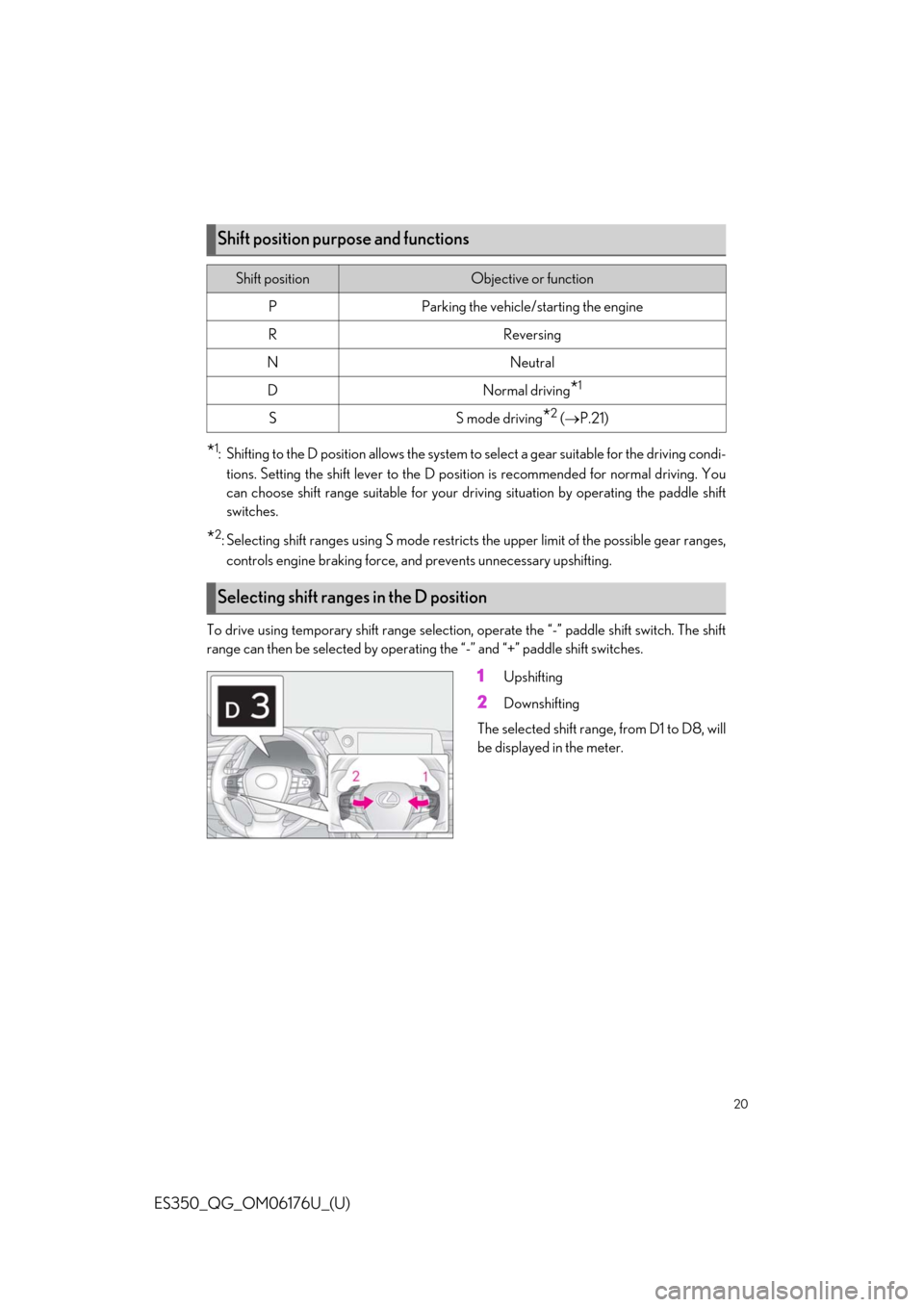 Lexus ES350 2020   / LEXUS 2020 ES350 THROUGH SEPT. 2019 PROD.  QUICK GUIDE (OM06176U) User Guide 20
ES350_QG_OM06176U_(U)
*1: Shifting to the D position allows the system to select a gear suitable for the driving condi-
tions. Setting the shift lever to the D position is recommended for normal dr