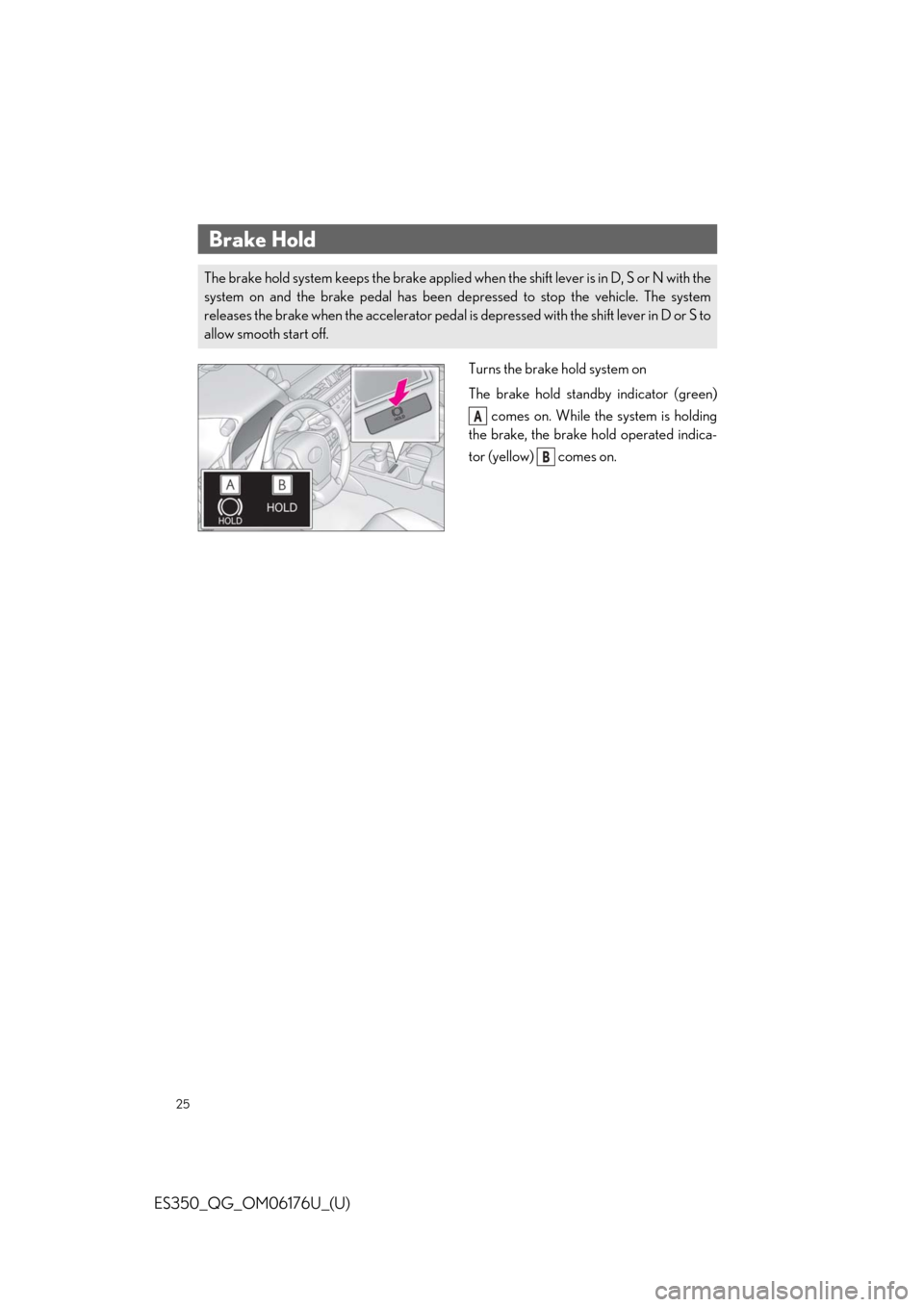 Lexus ES350 2020 / LEXUS 2020 ES350 THROUGH SEPT. 2019 PROD. QUICK GUIDE (OM06176U) Owners Guide 25
ES350_QG_OM06176U_(U)
Turns the brake hold system on
The brake hold standby indicator (green) comes on. While the system is holding
the brake, the brake hold operated indica-
tor (yellow) comes o Lexus ES350 2020 / LEXUS 2020 ES350 THROUGH SEPT. 2019 PROD. QUICK GUIDE (OM06176U) Owners Guide 25
ES350_QG_OM06176U_(U)
Turns the brake hold system on
The brake hold standby indicator (green) comes on. While the system is holding
the brake, the brake hold operated indica-
tor (yellow) comes o