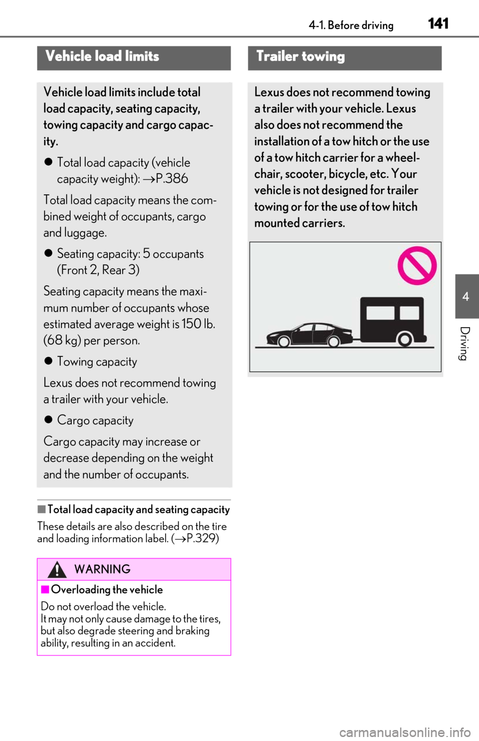 Lexus ES350 2020  Owners Manual / LEXUS 2020 ES350 FROM OCT. 2019 PROD. OWNERS MANUAL (OM06194U) 1414-1. Before driving
4
Driving
■Total load capacity and seating capacity
These details are also described on the tire 
and loading information label. ( P.329)
Vehicle load limits
Vehicle load l