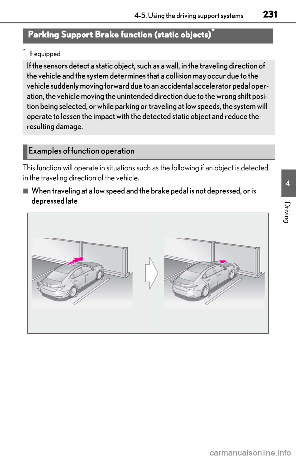 Lexus ES350 2020 Owners Manual / LEXUS 2020 ES350 FROM OCT. 2019 PROD. OWNERS MANUAL (OM06194U) 2314-5. Using the driving support systems
4
Driving
*:If equipped
This function will operate in situations such as the following if an object is detected
in the traveling direction of the vehicle.
Lexus ES350 2020 Owners Manual / LEXUS 2020 ES350 FROM OCT. 2019 PROD. OWNERS MANUAL (OM06194U) 2314-5. Using the driving support systems
4
Driving
*:If equipped
This function will operate in situations such as the following if an object is detected
in the traveling direction of the vehicle.