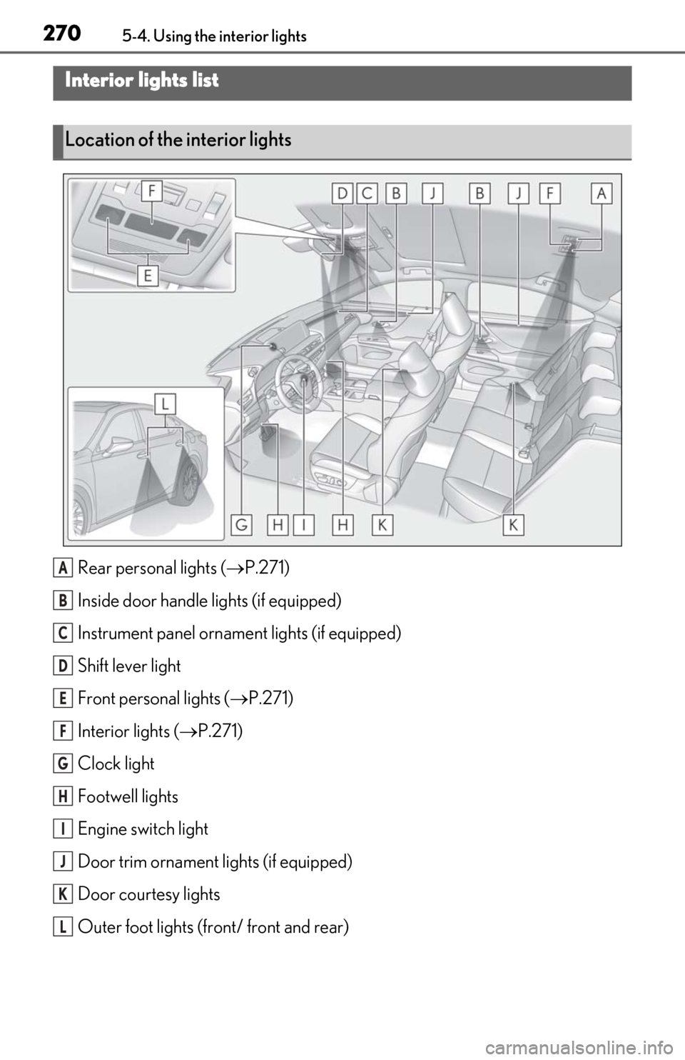 Lexus ES350 2020 Owners Manual / LEXUS 2020 ES350 FROM OCT. 2019 PROD. OWNERS MANUAL (OM06194U) 2705-4. Using the interior lights
5-4.Using the interior lights
Rear personal lights ( P.271)
Inside door handle lights (if equipped)
Instrument panel orname nt lights (if equipped)
Shift lever li Lexus ES350 2020 Owners Manual / LEXUS 2020 ES350 FROM OCT. 2019 PROD. OWNERS MANUAL (OM06194U) 2705-4. Using the interior lights
5-4.Using the interior lights
Rear personal lights ( P.271)
Inside door handle lights (if equipped)
Instrument panel orname nt lights (if equipped)
Shift lever li