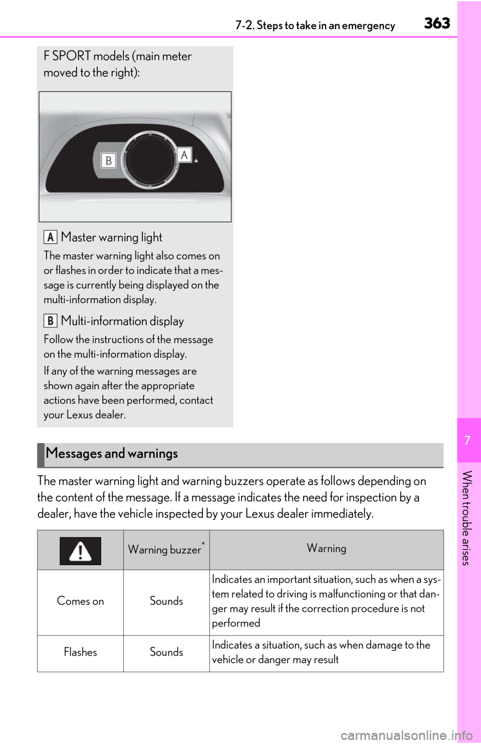 Lexus ES350 2020 Owners Manual / LEXUS 2020 ES350 FROM OCT. 2019 PROD. OWNERS MANUAL (OM06194U) 3637-2. Steps to take in an emergency
7
When trouble arises
The master warning light and warning buzzers operate as follows depending on
the content of the message. If a message indicates the need fo Lexus ES350 2020 Owners Manual / LEXUS 2020 ES350 FROM OCT. 2019 PROD. OWNERS MANUAL (OM06194U) 3637-2. Steps to take in an emergency
7
When trouble arises
The master warning light and warning buzzers operate as follows depending on
the content of the message. If a message indicates the need fo