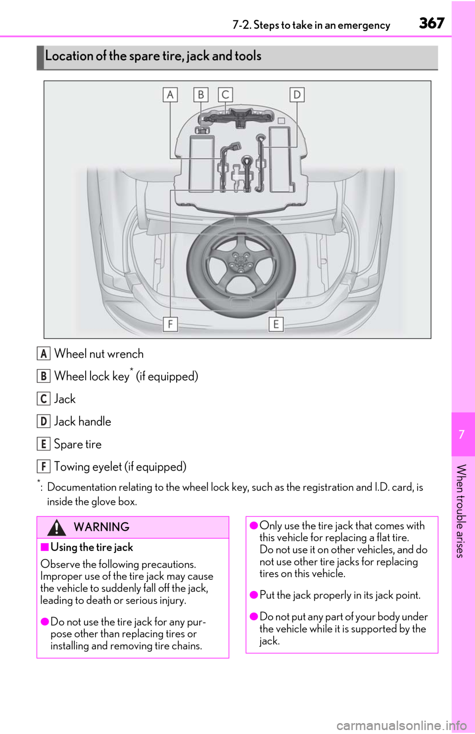 Lexus ES350 2020 / LEXUS 2020 ES350 FROM OCT. 2019 PROD. (OM06194U) User Guide 3677-2. Steps to take in an emergency
7
When trouble arises
Wheel nut wrench
Wheel lock key
* (if equipped)
Jack
Jack handle
Spare tire
Towing eyelet (if equipped)
*: Documentation relating to the whe Lexus ES350 2020 / LEXUS 2020 ES350 FROM OCT. 2019 PROD. (OM06194U) User Guide 3677-2. Steps to take in an emergency
7
When trouble arises
Wheel nut wrench
Wheel lock key
* (if equipped)
Jack
Jack handle
Spare tire
Towing eyelet (if equipped)
*: Documentation relating to the whe