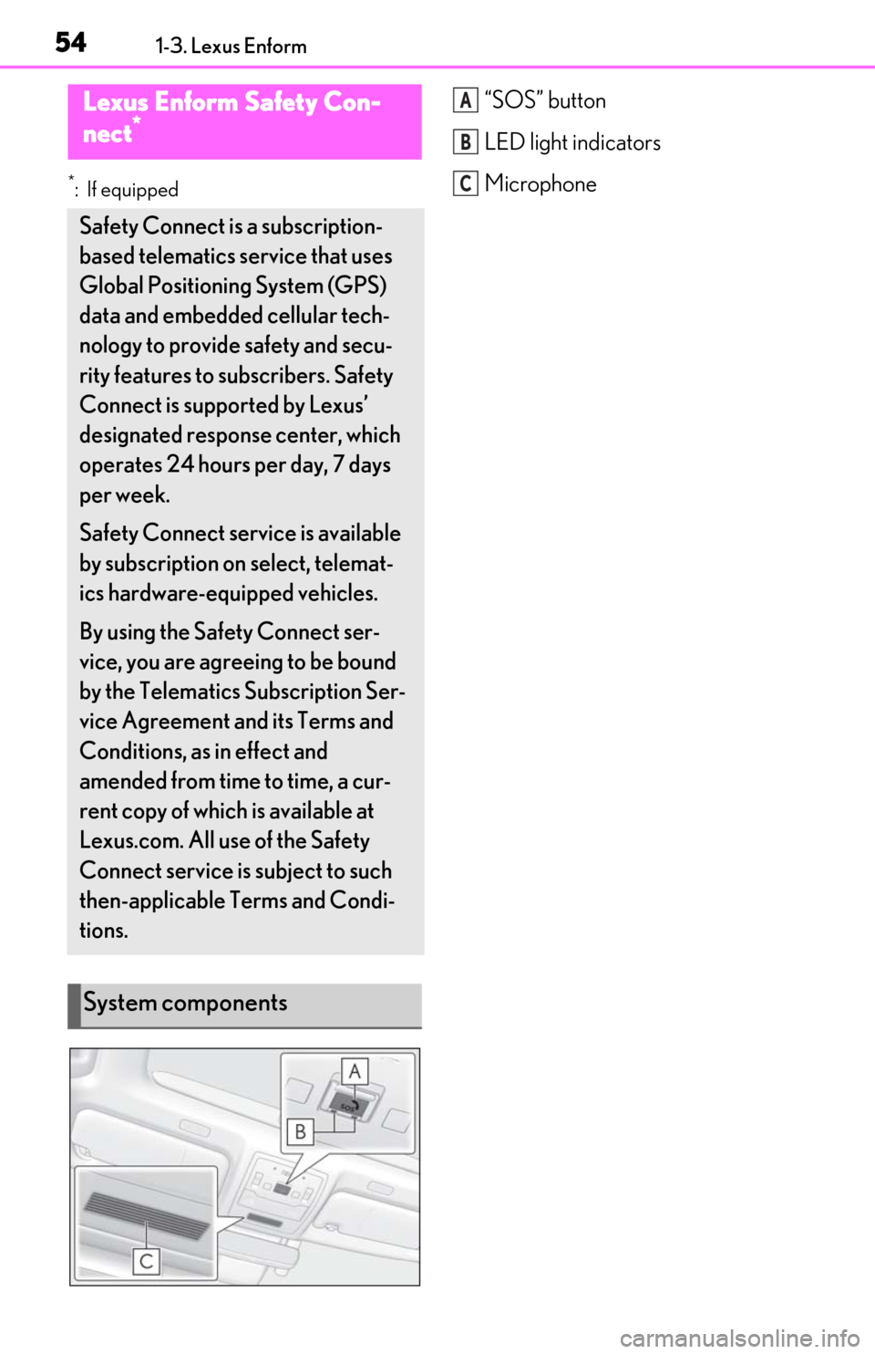 Lexus ES350 2020 Owners Manual / LEXUS 2020 ES350 FROM OCT. 2019 PROD. OWNERS MANUAL (OM06194U) 541-3. Lexus Enform
1-3.Lexus Enform
*:If equipped
“SOS” button
LED light indicators
MicrophoneLexus Enform Safety Con-
nect*
Safety Connect is a subscription-
based telematics service that uses
Lexus ES350 2020 Owners Manual / LEXUS 2020 ES350 FROM OCT. 2019 PROD. OWNERS MANUAL (OM06194U) 541-3. Lexus Enform
1-3.Lexus Enform
*:If equipped
“SOS” button
LED light indicators
MicrophoneLexus Enform Safety Con-
nect*
Safety Connect is a subscription-
based telematics service that uses
